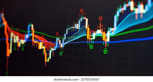 Abstract financial trading interface with dynamic stock market candlestick chart
