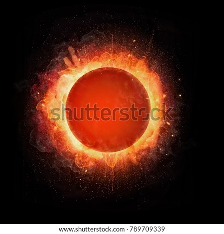 Abstract fire ball explosion with free space for text, isolated on black background