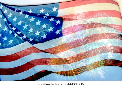 Abstract Flag Of The USA Waving With Fireworks, American Flag Background