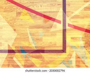 Abstract Floor Ball Court. Painted Wooden Floor Of Sports Hall With Colorful Marking Lines. Schooll Gym Hall