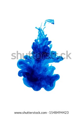 Abstract flowing fluid. Clouds of blue color ink in water. Isolated on white background.