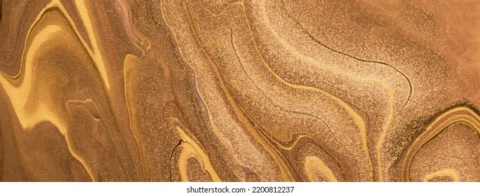 Abstract fluid art background dark golden and copper colors. Liquid marble. Acrylic painting on canvas with brown lines and gradient. Alcohol ink backdrop with glitter wavy pattern. - Shutterstock ID 2200812237