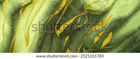 Abstract fluid art background light green and olive colors. Liquid marble. Acrylic painting on canvas with golden lines and gradient. Alcohol ink backdrop with waves pattern.
