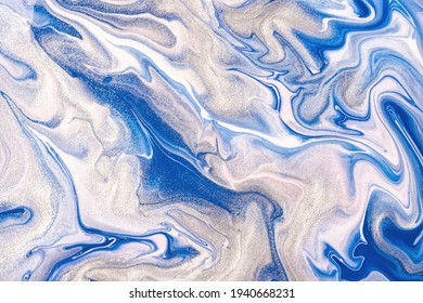 Abstract Fluid Art Background Navy Blue And White Colors. Liquid Marble. Acrylic Painting On Canvas With Silver Glitter And Gradient. Alcohol Ink Backdrop With Shiny Wavy Pattern.