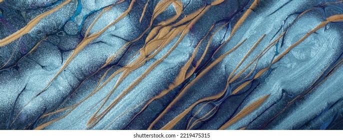 Abstract fluid art background navy blue   turquoise colors  Liquid marble  Acrylic painting canvas and brown lines   gradient  Alcohol ink backdrop and waves pattern 