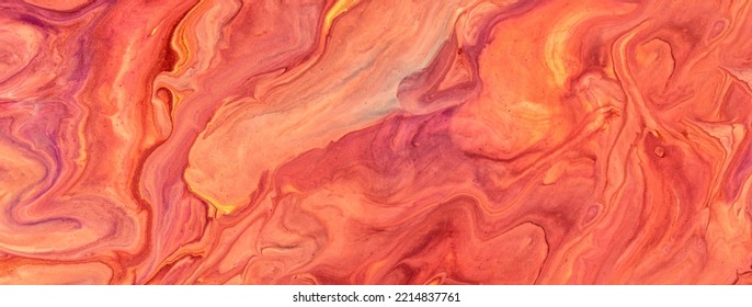 Abstract fluid art background red and coral colors. Liquid marble. Acrylic painting on canvas with orange gradient and splash. Alcohol ink backdrop with waves pattern. Stone section. - Shutterstock ID 2214837761
