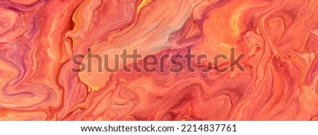 Abstract fluid art background red and coral colors. Liquid marble. Acrylic painting on canvas with orange gradient and splash. Alcohol ink backdrop with waves pattern. Stone section.