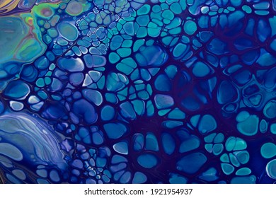 Abstract fluid or liquid art background navy blue and turquoise colors. Acrylic painting on canvas with indigo gradient and splash. Watercolor backdrop with cells and spotted pattern.