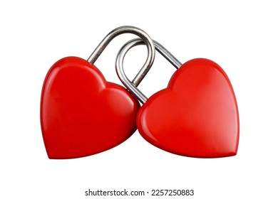 Abstract,  front two red heart together combination lock, Symbol valentine, happy, unhappy. Metal padlock. Material for creative idea love concept. Isolated on white, clipping path. Blank for text - Shutterstock ID 2257250883