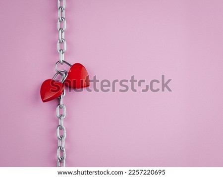 Abstract, front view vertically two red heart together combination lock, Symbol valentine, happy. Metal chain padlock. Creative idea love concept. Isolated on pink, clipping path, Free space for text.
