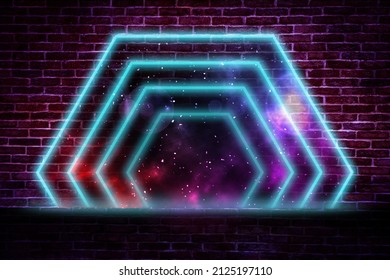 Abstract futuristic background. A portal of hexagons into space through a brick wall. Mint neon light. Copy space - Powered by Shutterstock