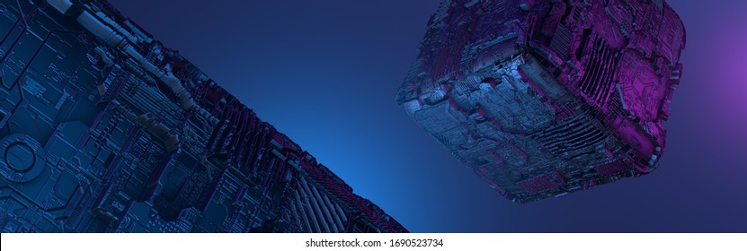 Abstract futuristic metal cube. Science fiction block design. 3D rendering