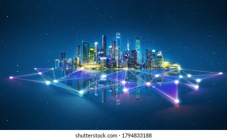 Abstract Futuristic Night City With Dots And Line Connection. Concept For IOT, Smart City, Speed Connection And Intelligent Network.