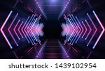 Abstract Futuristic Technology concept. Neon Hexagon Tunnel modern background. Fluorescent ultraviolet glowing light lines. 