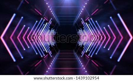 Abstract Futuristic Technology concept. Neon Hexagon Tunnel modern background. Fluorescent ultraviolet glowing light lines. 