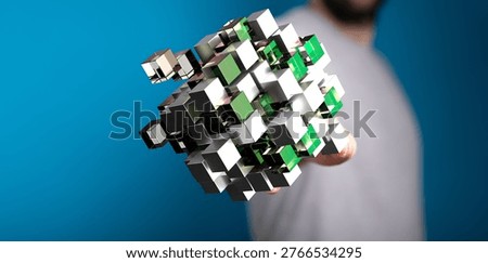 Abstract geometric 3D cube structure held by a person digital artwork