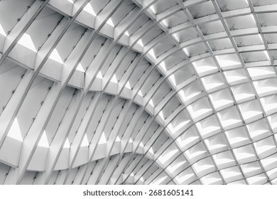 Abstract geometric architectural ceiling pattern with curved lines and grid design.