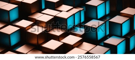 Abstract Geometric Background with Metallic Cubes in Teal and Copper. The metallic finish of the cubes adds a touch of luxury and sophistication, making this design ideal for a variety of application