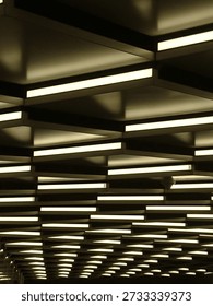 Abstract geometric ceiling with repeating LED strip light panels in a modern building interior. Warm illumination, strong perspective, futuristic architectural background.