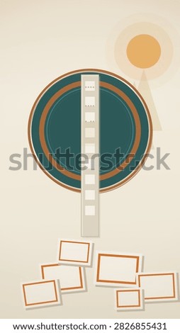 Abstract geometric composition with concentric teal and orange circles bisected by a vertical ladder-like strip and scattered rectangular frames beneath a muted sun
