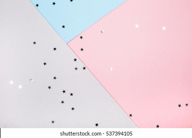 Abstract Geometric Festive Background With Stars. Blue, Pink And Gray Trend Colors