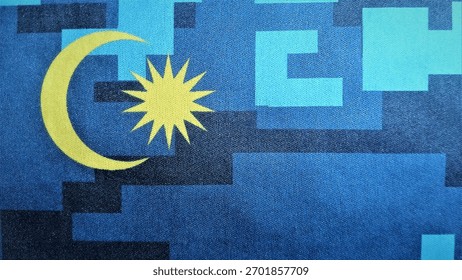 Abstract geometric pattern featuring a crescent moon and star against a textured, pixelated background in shades of blue and yellow, creating a modern and symbolic visual composition. 