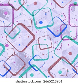 Abstract geometric seamless pattern with overlapping colorful squares, circles, and hexagonal outlines on a textured background. Modern, vibrant, and ideal for digital or textile design projects.