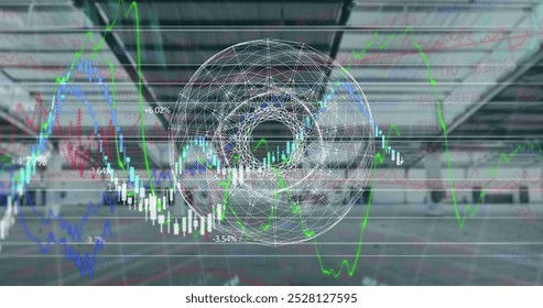Abstract geometric shape and financial data processing against empty office. global economy and business concept