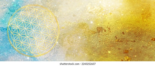 Abstract glittering background in gold and turquoise with golden flower of life symbol