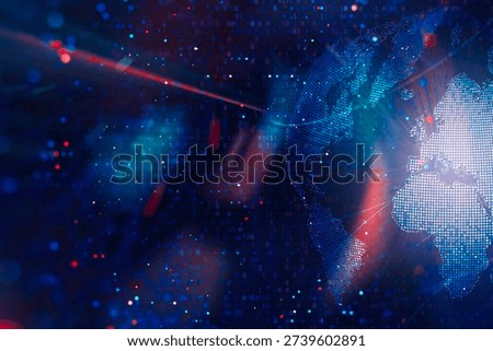 Abstract global world map with digital dots with financial charts and data overlays. Concept global finance, market analytics, big data, fintech, blockchain technology and international economy