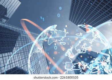 Abstract globe sphere with coding and polygonal network on blurry city texture. Future, technology and digital world concept. Double exposure