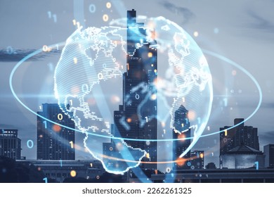 Abstract globe sphere with coding and polygonal network on blurry city backdrop. Future, technology and digital world concept. Double exposure