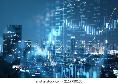 Abstract glowing big data forex candlestick chart on blurry city backdrop. Trade, technology, investment and analysis concept. Double exposure - Shutterstock ID 2119930133