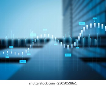 Abstract glowing big data forex candlestick chart on blurry city backdrop. Trade, technology, investment and analysis concept. Double exposure - Powered by Shutterstock