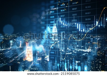Abstract glowing big data forex candlestick chart on blurry city background. Trade, technology, investment and analysis concept. Double exposure