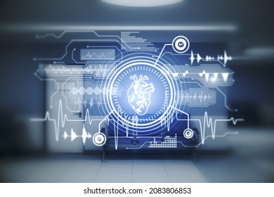 Abstract Glowing Cardiovascular Medical Hud Screen On Blurry Hospital Interior Background. Online Medicine, Cardiology And Health Concept. Double Exposure