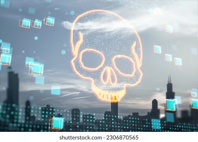 Abstract glowing digital binary code skull on blurry toned city wallpaper. Hacking, piracy, malware and data theft concept. Double exposure - Powered by Shutterstock - Get 15% off with code: PIKWIZARD15