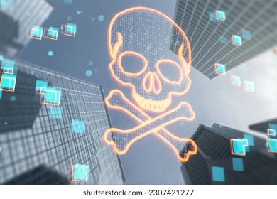 Abstract glowing digital binary code skull on blurry toned city backdrop. Hacking, piracy, malware and data theft concept. Double exposure
