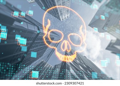 Abstract glowing digital binary code skull on blurry toned city texture. Hacking, piracy, malware and data theft concept. Double exposure