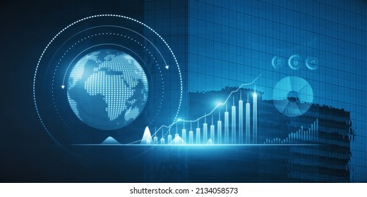 Abstract glowing digital business chart and globe on blurry background. Trend, finance and economy concept. Double exposure