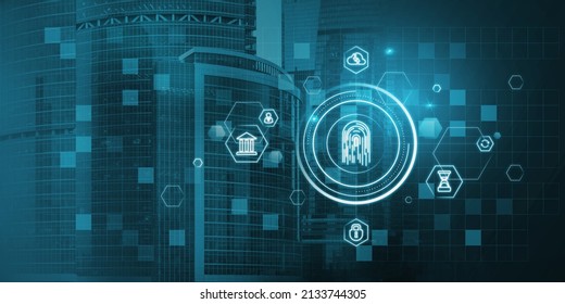 Abstract glowing id fingerprint web protection and security interface on blurry blue bokeh city background with mock up place. Identification, cybersecurity and privacy concept. Double exposure