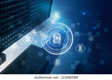 Abstract glowing id fingerprint web protection and security interface on blurry blue bokeh city background. Identification, cybersecurity and privacy concept. Double exposure