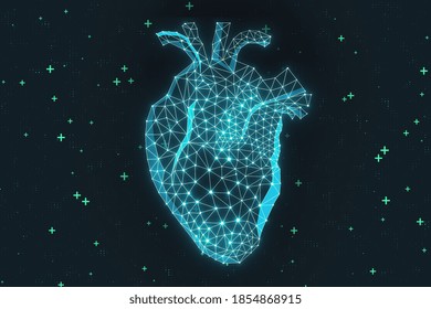 Abstract glowing polygonal heart hologram. Medicine and cardiology concept. 3D Rendering