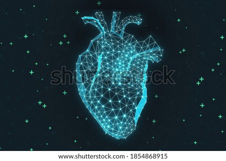 Abstract glowing polygonal heart hologram. Medicine and cardiology concept. 3D Rendering