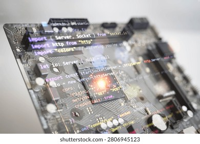 Abstract glowing processor on a computer motherboard with software source code overlay, representing artificial intelligence, software development, embedded systems, cloud computing, cybersecurity, digital innovation and advanced computing technology.