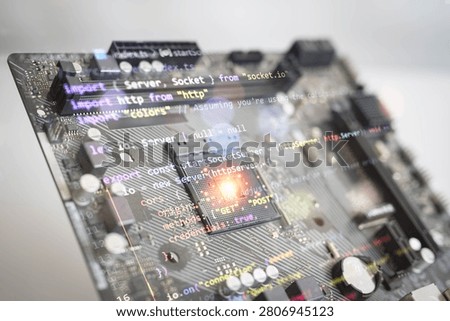 Abstract glowing processor on a computer motherboard with software source code overlay, representing artificial intelligence, software development, embedded systems, cloud computing, cybersecurity, digital innovation and advanced computing technology.