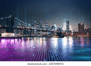 Abstract glowing purple night city backdrop with digital data lines all over. Smart city, VR, AI and innovation concept. Double exposure