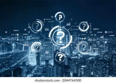Abstract glowing question marks interface on blurry night city wallpaper. Technology, faq, online help, problem solution concept. Double exposure