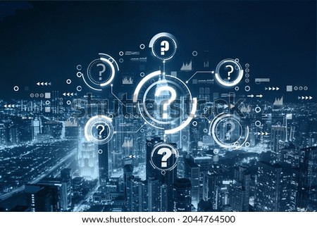Abstract glowing question marks interface on blurry night city wallpaper. Technology, faq, online help, problem solution concept. Double exposure