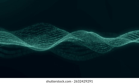 Abstract glowing wave of digital particles flowing in motion on dark background. Futuristic data stream animation with depth of field. 4K seamless loop for technology, science visuals.